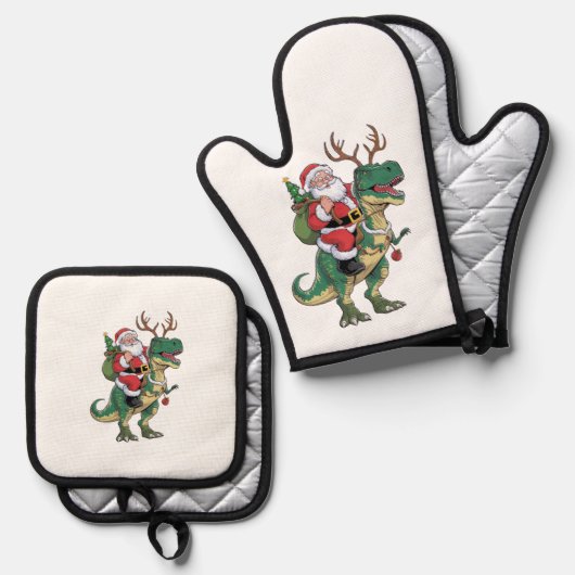 サンタライディング恐竜Tレックスクリスマスクリスマス隊 鍋つかみ&鍋敷きセット (正面/裏面)
