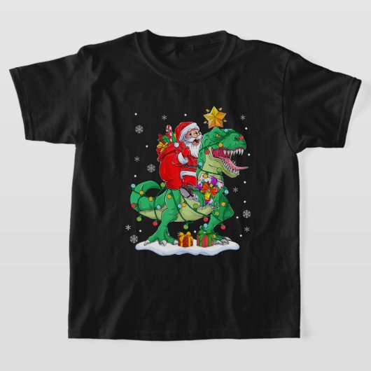 サンタライディング恐竜Tレックスクリスマスボーイズ男性Xma Tシャツ (レイダウン)
