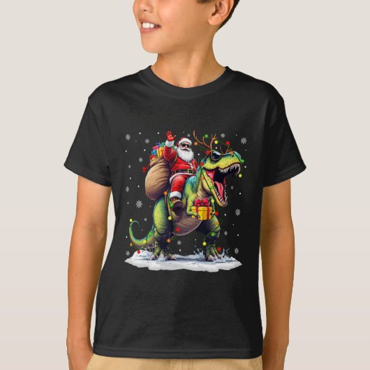 サンタライディング恐竜Tレックスクリスマスボーイズ男性Xma Tシャツ (正面)