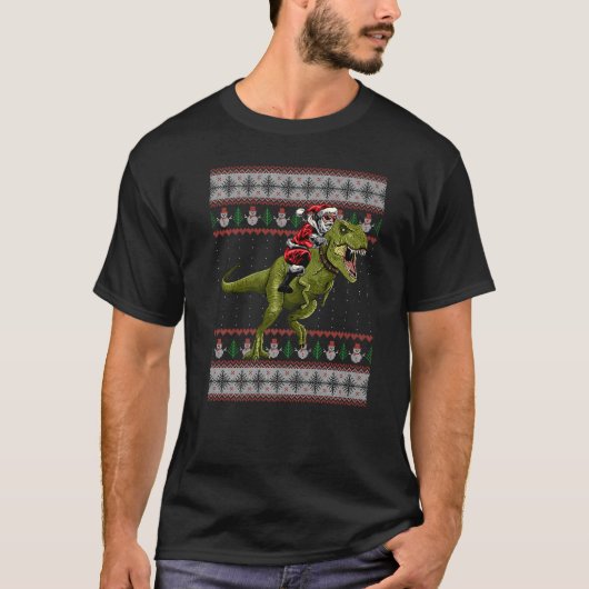 サンタライディング恐竜Tレックスクリスマス醜いセーター Tシャツ (正面)