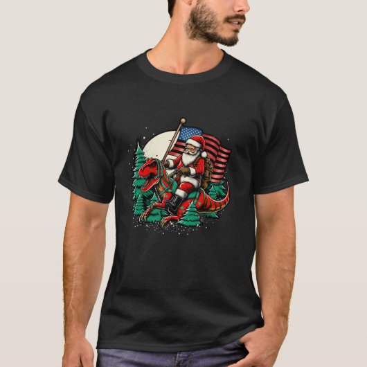 サンタライディング恐竜USA国旗Tレックスクリスマス Tシャツ (正面)