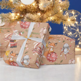 サンタラビットキツネクリスマスウィンターホリデーパターン ラッピングペーパー