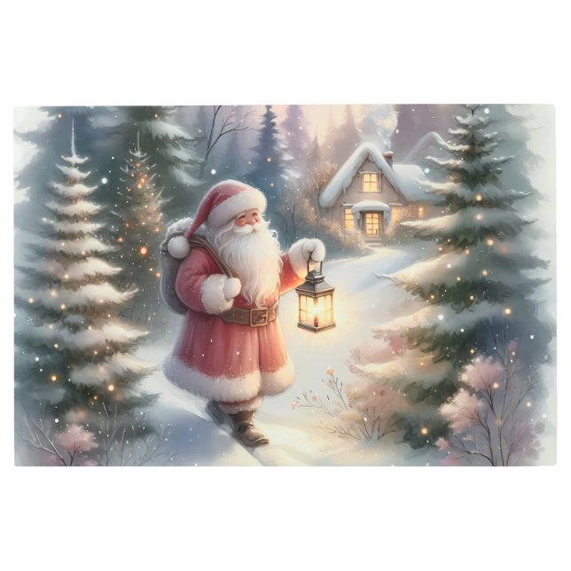 サンタランタンウォークウィンターコテージシーン メタルプリント (正面)