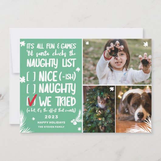 サンタリおもしろいストいけな3枚の写真グリーンクリスマス シーズンカード (正面)
