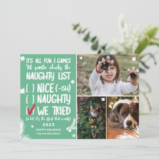 サンタリおもしろいストいけな3枚の写真グリーンクリスマス シーズンカード (スタンド正面)