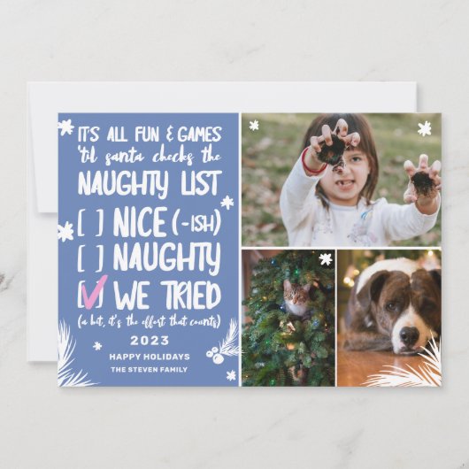 サンタリおもしろいストいけな3枚の青いクリスマス写真 シーズンカード (正面)