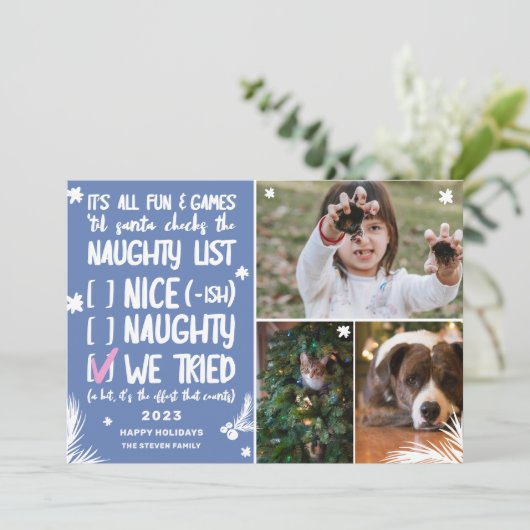 サンタリおもしろいストいけな3枚の青いクリスマス写真 シーズンカード (スタンド正面)