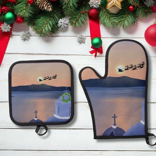 サンタリーニ島のクリスマスとサンタクロース 鍋つかみ&鍋敷きセット