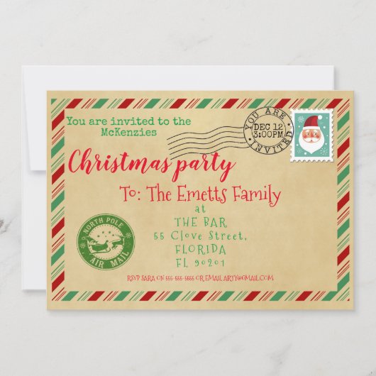 サンタレタークリスマスの古い手紙サンタパーティー 招待状 (正面)