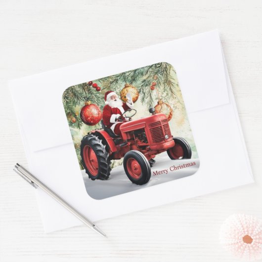 サンタレッドトラクターヴィンテージファームクリスマス スクエアシール (封筒)