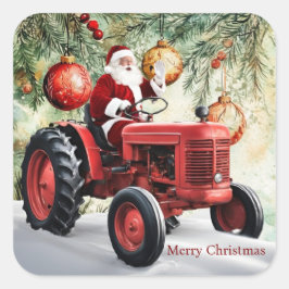 サンタレッドトラクターヴィンテージファームクリスマス スクエアシール