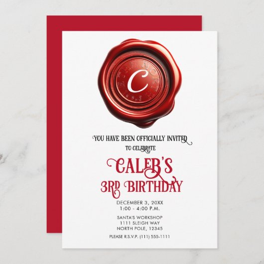 サンタレッドワックスシール北極クリスマスホリデー 招待状 (正面/裏面)