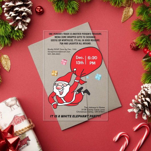 サンタレ飛んでいるッドバッグホワイトエレファントパーティー アクリル招待状 (インサイチュ (クリスマス))