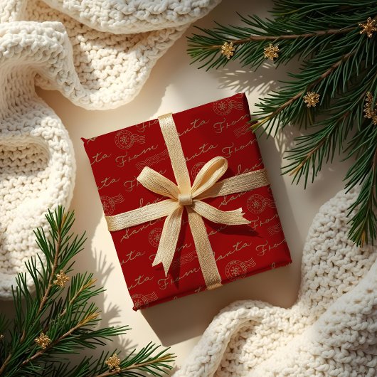 サンタヴィンテージ郵便小包レッド&金ゴールドから ラッピングペーパー