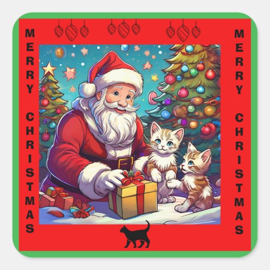 サンタ与えのプレゼントから子猫2匹 スクエアシール (正面)