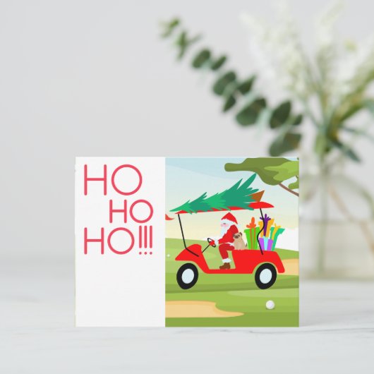 サンタ乗りゴルフカート付きツリー付きゴルフクリスマス シーズンポストカード (スタンド正面)