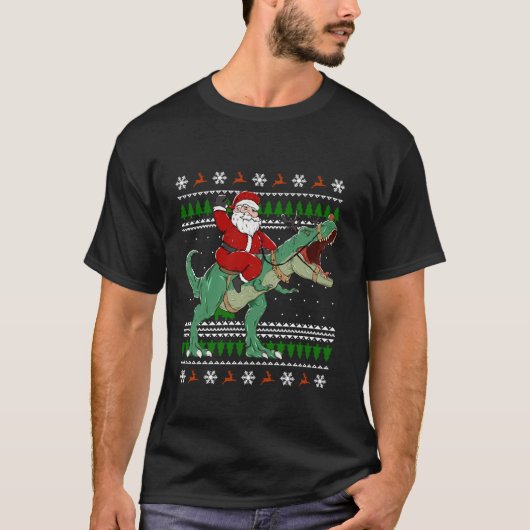 サンタ乗りディノおもしろいクリスマス醜いセーターT S Tシャツ (正面)