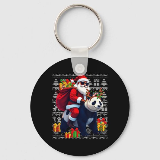 サンタ乗りパンダのクリスマスライト醜いクリスマス キーホルダー (正面)