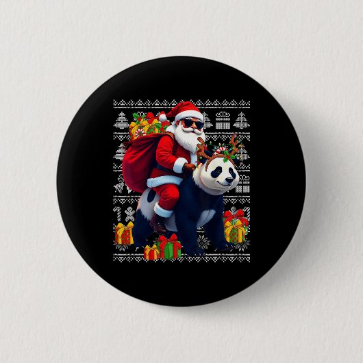 サンタ乗りパンダのクリスマスライト醜いクリスマス 缶バッジ (正面)