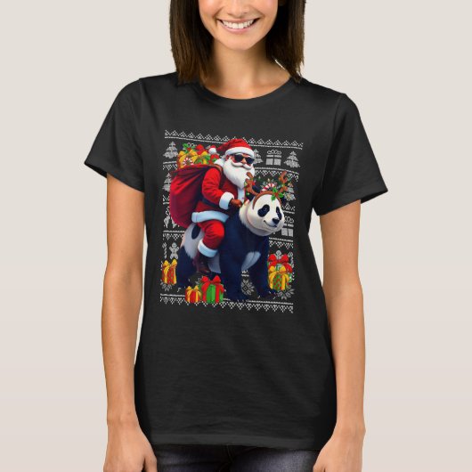 サンタ乗りパンダのクリスマスライト醜いクリスマス Tシャツ (正面)
