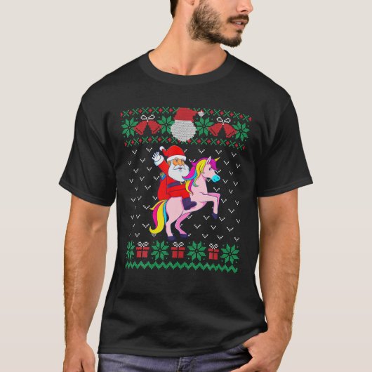 サンタ乗りユニコーン醜いクリスマスセーターの女性 Tシャツ (正面)