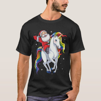 サンタ乗りユニコーン クリスマス ギフト レインボー スペース Tシャツ