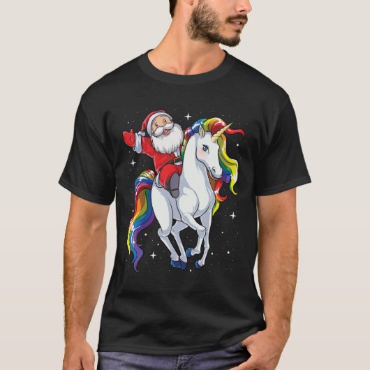 サンタ乗りユニコーン クリスマス ギフト レインボー スペース Tシャツ (正面)