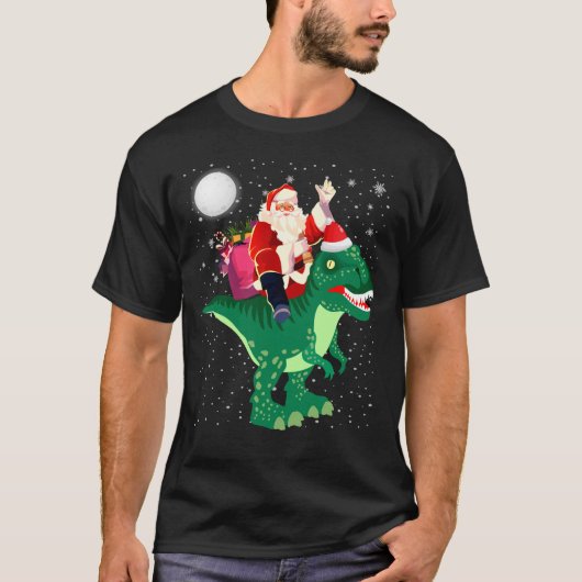 サンタ乗り恐竜Tレックスクリスマス Tシャツ (正面)