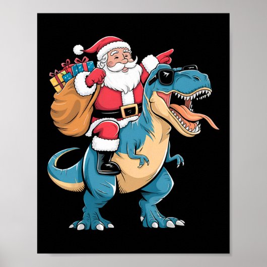 サンタ乗り物 恐竜 ティラノサウルス クリスマス 少年 男性 ギフト ポスター (正面)