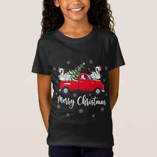 サンタ乗馬クリスマスツリーのトラック白鳥バードキリスト Tシャツ (正面)