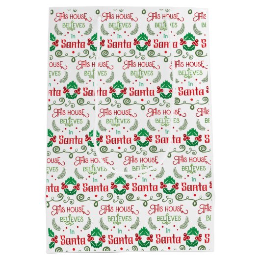 サンタ信じおもしろいグリーンと赤の家 ミディアムペーパーバッグ (裏面)