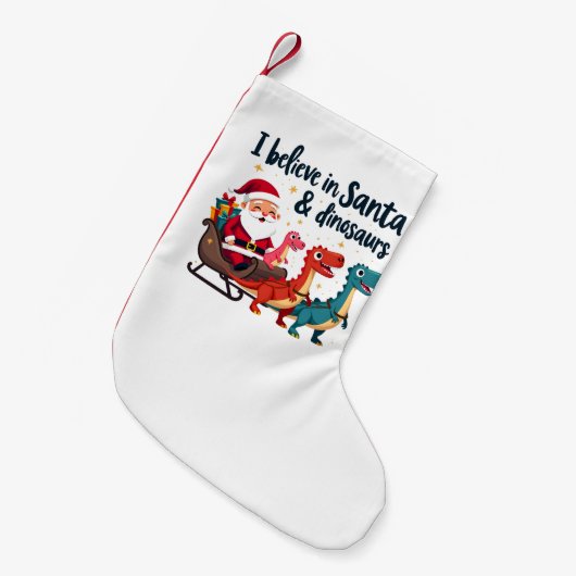 サンタ信じと恐竜(サンタに乗るディノス) スモールクリスマスストッキング (正面 (吊り時))