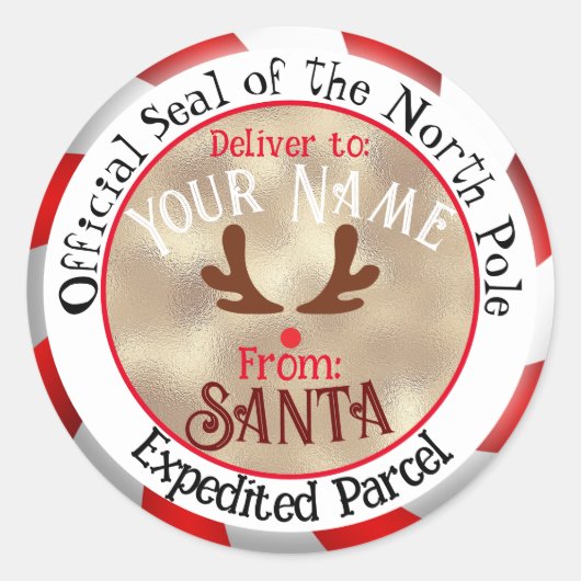 サンタ公式シールルドルフ顔オン金ゴールド ラウンドシール (正面)