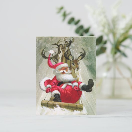サンタ及びトナカイのそりの乗馬のモダンのヴィンテージ シーズンポストカード (スタンド正面)