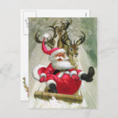 サンタ及びトナカイのそりの乗馬のモダンのヴィンテージ シーズンポストカード (正面/裏面)
