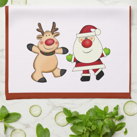 サンタ及びトナカイのクリスマスの休日 キッチンタオル (折り畳み)