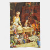 サンタ及び夫人クロース及び小妖精や小人はクッキーを焼きます キッチンタオル (縦)