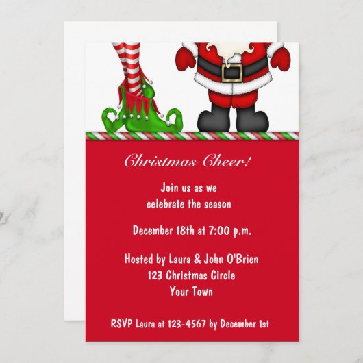 サンタ及び小妖精や小人の休日のパーティの招待状 招待状 (正面/裏面)