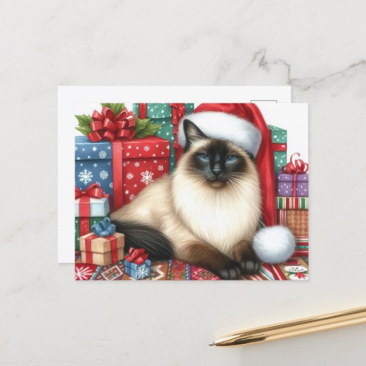 サンタ姿のシャム猫 クリスマス ホリデー ポストカード (正面/裏面インサイチュ)