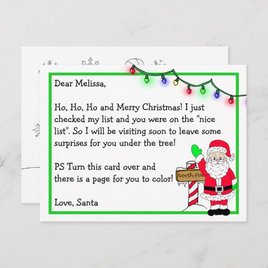 サンタ子供へーからの手紙+背面のカラーリングページ ポストカード (正面/裏面)