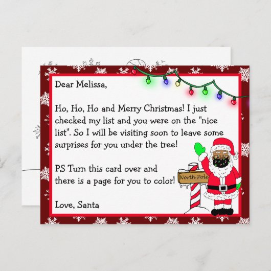サンタ子供へーからの手紙+背面のカラーリングページ ポストカード (正面/裏面)