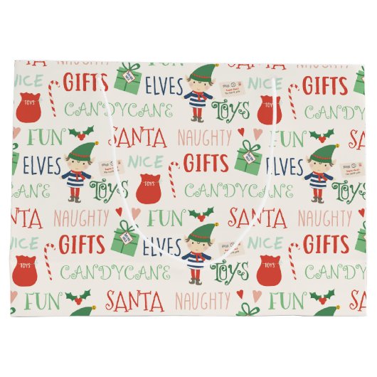 サンタ小妖精や小人フレンズパーソナライズされたホリデイ ラージペーパーバッグ (裏面)