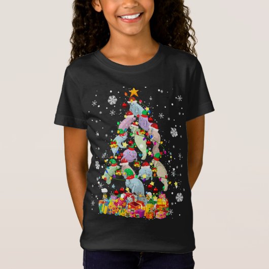 サンタ小妖精や小人マナティークリスマスツリークリスマスライツマナット Tシャツ (正面)