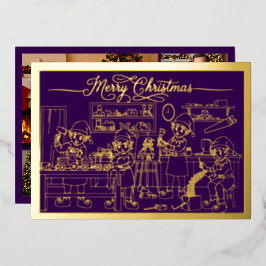 サンタ小妖精や小人ワークショップ、メリークリスマスパープル、金ゴールド 箔シーズンカード