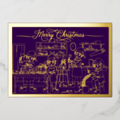 サンタ小妖精や小人ワークショップ、メリークリスマスパープル、金ゴールド 箔シーズンカード (正面)