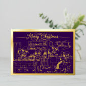 サンタ小妖精や小人ワークショップ、メリークリスマスパープル、金ゴールド 箔シーズンカード (立ち正面)