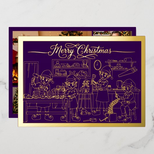 サンタ小妖精や小人ワークショップ、メリークリスマスパープル、金ゴールド 箔シーズンカード (正面/裏面)