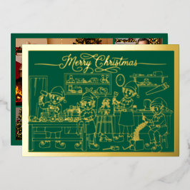 サンタ小妖精や小人ワークショップ、メリークリスマス、グリーン、金ゴールド 箔シーズンカード