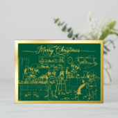 サンタ小妖精や小人ワークショップ、メリークリスマス、グリーン、金ゴールド 箔シーズンカード (立ち正面)