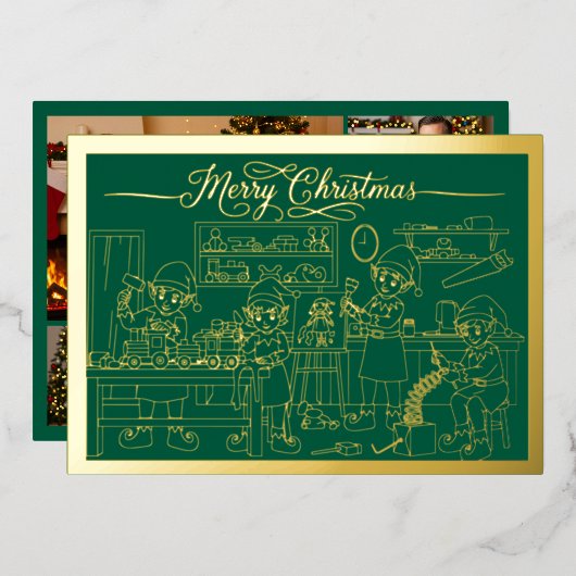 サンタ小妖精や小人ワークショップ、メリークリスマス、グリーン、金ゴールド 箔シーズンカード (正面/裏面)